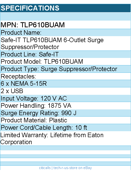Eaton Tripp Lite series TLP610BUAM Safe-IT 6-Outlet Surge Protector