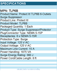 Eaton Tripp Lite Series TLP6B Protect It! 6-Outlet Surge Protector, 6 ft
