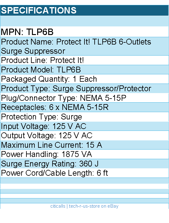 Eaton Tripp Lite Series TLP6B Protect It! 6-Outlet Surge Protector, 6 ft