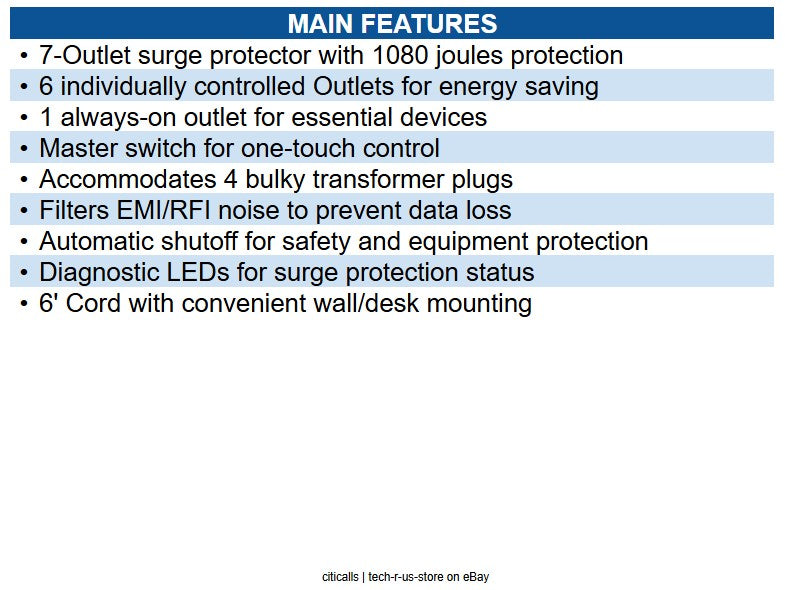 Eaton TLP76MSGB ECO-Surge 7-Outlet Surge Protector 6' (1.83 m) Cord, 1080 Joules