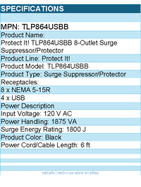 Eaton Tripp Lite Series TLP864USBB 8-Outlet Surge Protector with 4 USB Ports
