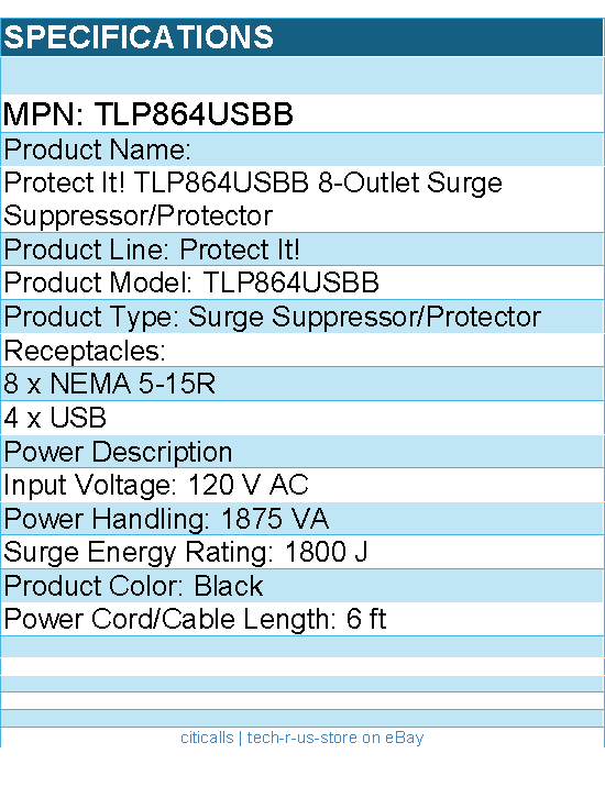 Eaton Tripp Lite Series TLP864USBB 8-Outlet Surge Protector with 4 USB Ports