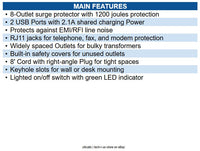 Eaton TLP88TUSBB 8' 8-Outlet Surge Protector, 2 USB Ports (2.1A Shared), 1200 J