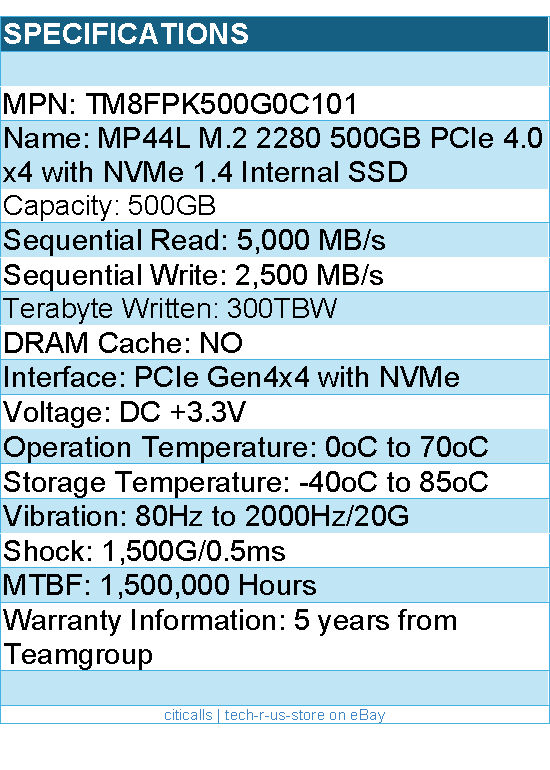 TEAMGROUP TM8FPK500G0C101 SSD - 500GB MP44L M.2 2280 NVMe 1.4 PCIE GEN 4X4 RTL