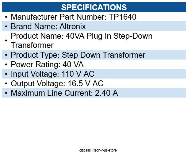 Altronix TP1640 40VA Plug In Step-Down Transformer - 40VA - 110V AC - 16.5V AC