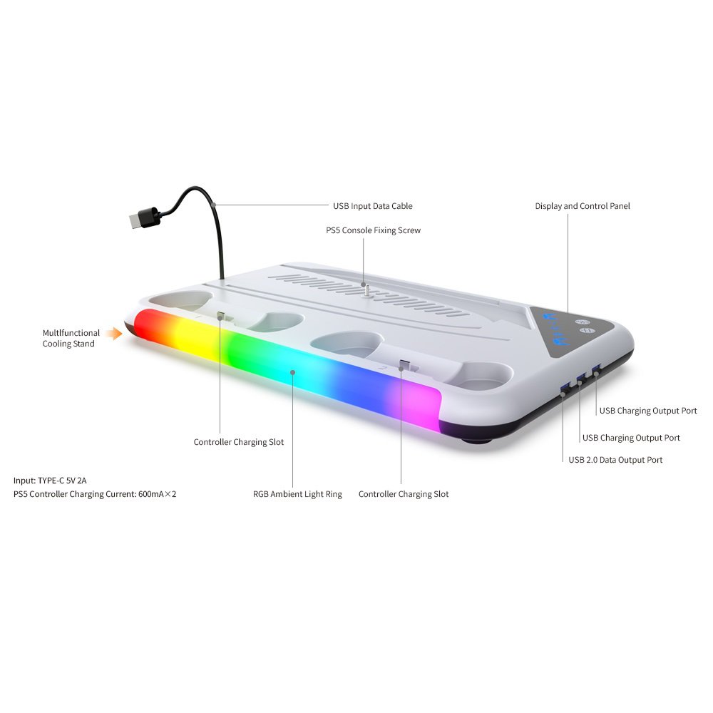 DOBE TP5-3557 PS5 Slim Compatible RGB Multlfunctional Cooling Stand, 2 Charging