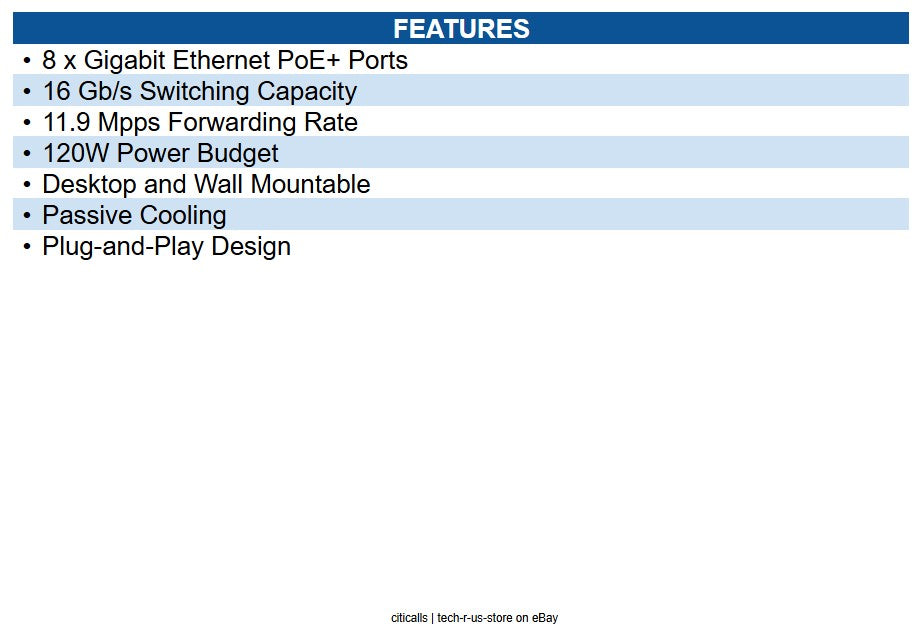 TRENDnet TPE-TG84 8-Port Gigabit PoE+ Switch, 120W PoE Power Budget, 16Gbps