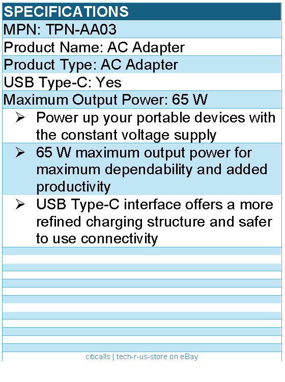 HPI TPN-AA03 65W USB-C AC ADAPTER - 65 W Maximum Output Power