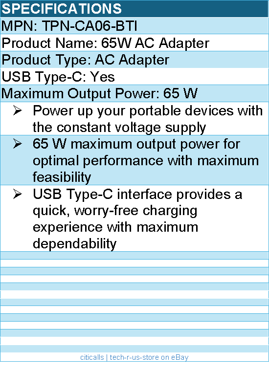 BTI TPN-CA06-BTI 65W TYPE-C AC ADAPTER - Compatible OEM: TPN-CA06
