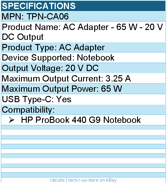 HPI TPN-CA06 AC Adapter - 65 W - 20 V DC Output - For HP ProBook 440 G9 Notebook
