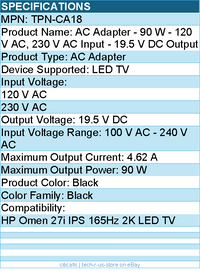 HPI TPN-CA18 HP AC Adapter - 90 W - 120 V AC, 230 V AC Input - 19.5 V DC Output
