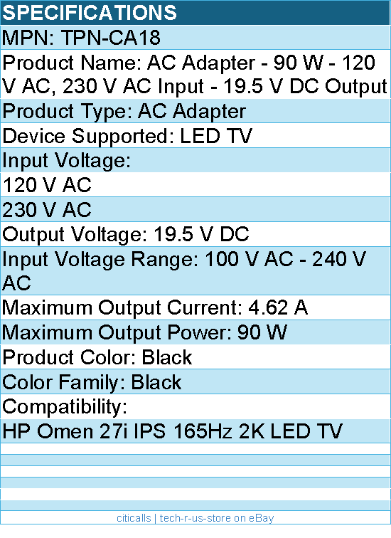 HPI TPN-CA18 HP AC Adapter - 90 W - 120 V AC, 230 V AC Input - 19.5 V DC Output
