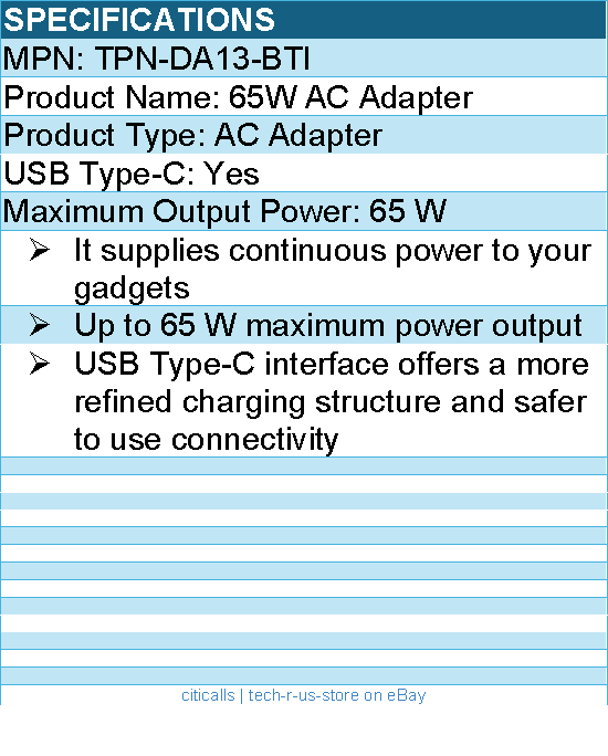 BTI TPN-DA13-BTI 65W TYPE-C AC ADAPTER - Up to 65 W maximum power output