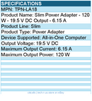 HPI TPN-LA18 Slim Power Adapter - 120 W - 19.5 V DC Output - 6.15 A