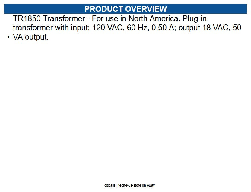 Radionix TR1850 Transformer plug-in, 18V 50VA