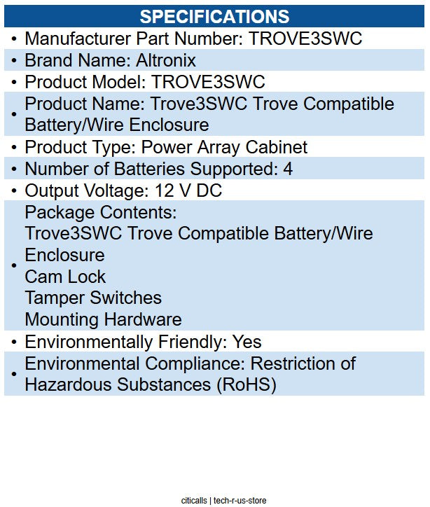 Altronix TROVE3SWC Trove Compatible Battery/Wire Enclosure