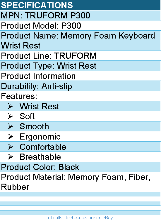 Adesso TRUFORM P300 Memory Foam Keyboard Wrist Rest - Rubber, Fiber - Black