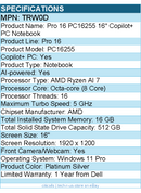 Dell Pro 16 PC16255 AMD Ryzen AI 7 350 Processor (24 MB cache, 8 cores, 16 threa