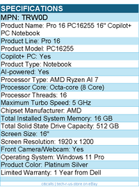 Dell Pro 16 PC16255 AMD Ryzen AI 7 350 Processor (24 MB cache, 8 cores, 16 threa