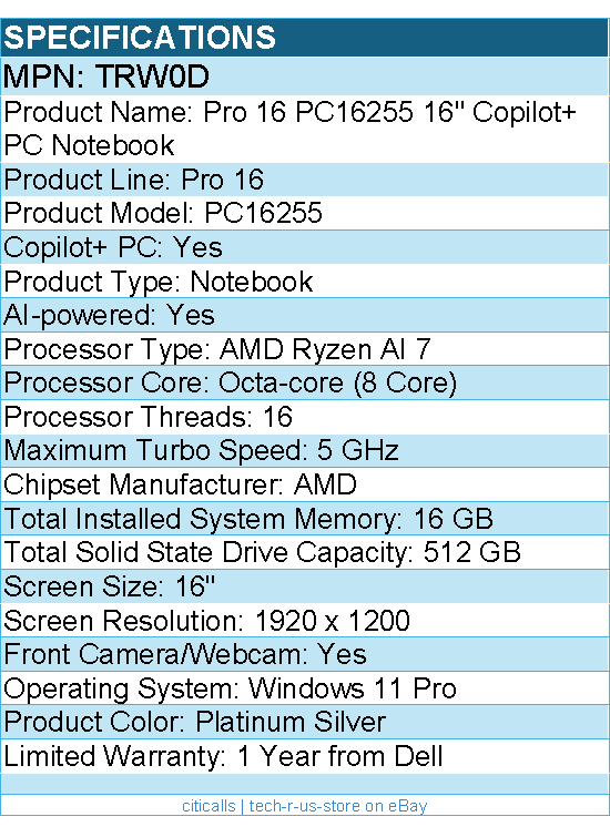Dell Pro 16 PC16255 AMD Ryzen AI 7 350 Processor (24 MB cache, 8 cores, 16 threa