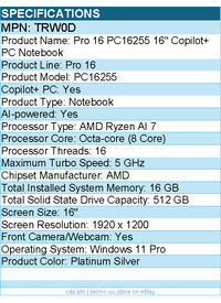 Dell TRW0D Pro 16 PC16255 Notebook - AMD Ryzen AI 7 - Platinum Silver
