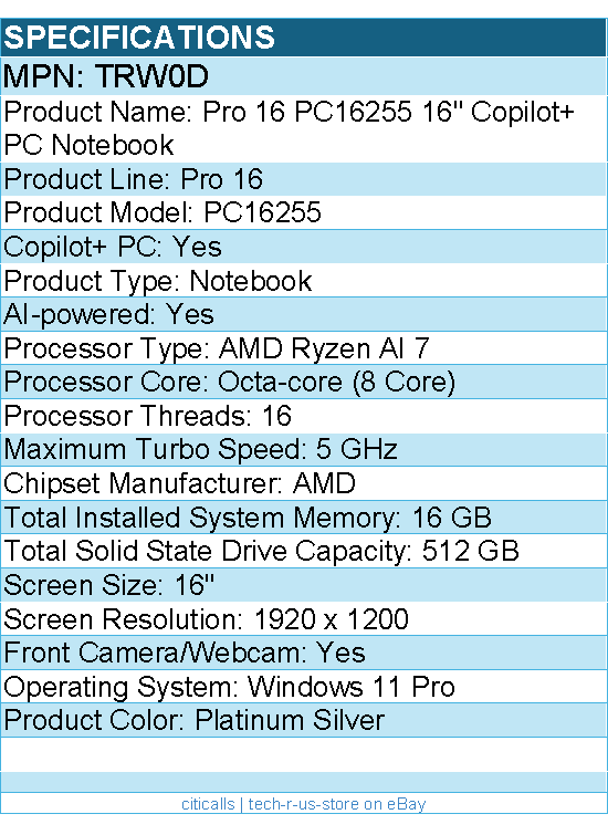 Dell TRW0D Pro 16 PC16255 Notebook - AMD Ryzen AI 7 - Platinum Silver