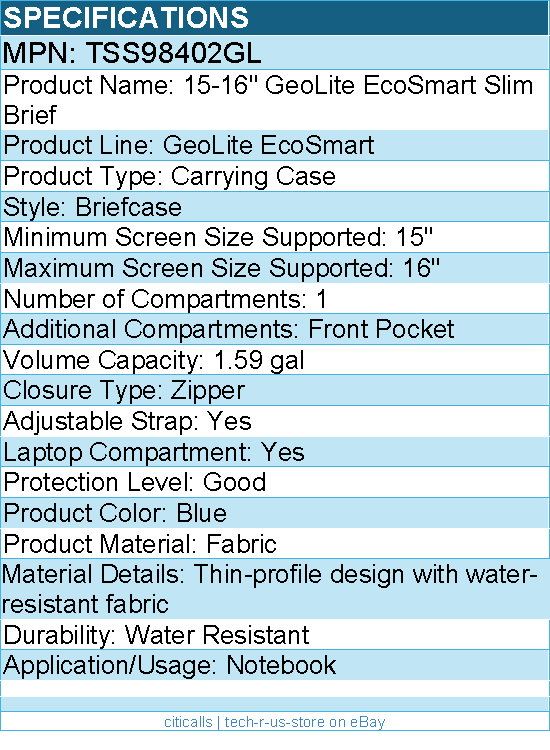 Targus TSS98402GL 15-16" GeoLite EcoSmart Slim Brief - Briefcase