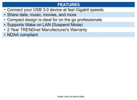 TRENDnet TU3-ETG USB 3.0 to Gigabit Ethernet Adapter, Full Duplex 2Gbps Ethernet
