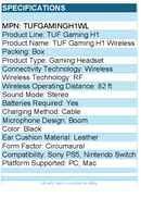 ASUS TUFGAMINGH1WL TUF Gaming H1 Wireless Headset - RF - Stereo - Black