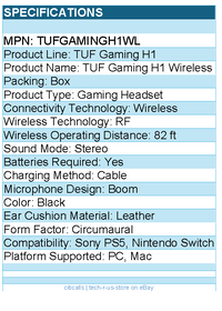 ASUS TUFGAMINGH1WL TUF Gaming H1 Wireless Headset - RF - Stereo - Black