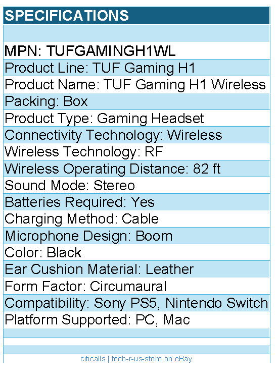 ASUS TUFGAMINGH1WL TUF Gaming H1 Wireless Headset - RF - Stereo - Black