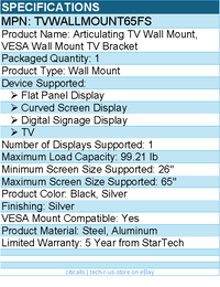 StarTech TVWALLMOUNT65FS Articulating TV Wall Mount - Black, Silver