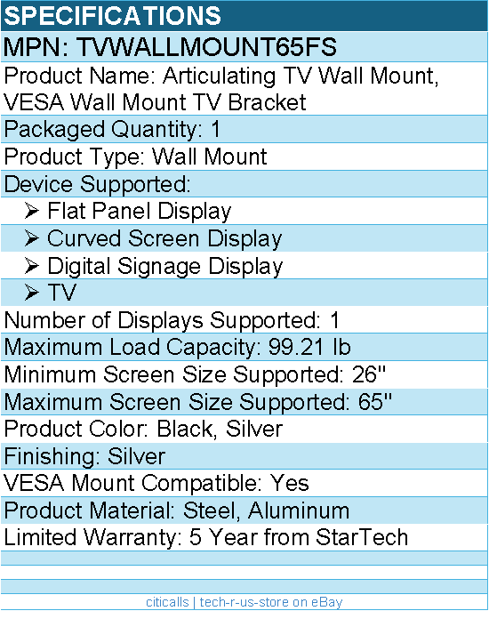 StarTech TVWALLMOUNT65FS Articulating TV Wall Mount - Black, Silver
