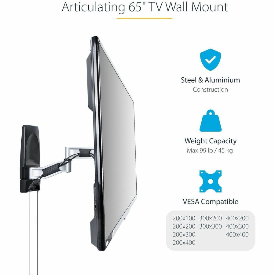 StarTech TVWALLMOUNT65FS Articulating TV Wall Mount - Black, Silver