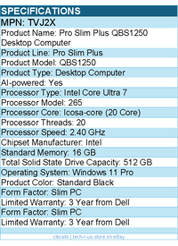 Dell TVJ2X Pro Slim Plus QBS1250 Desktop Computer - Intel Core Ultra 7 - Slim PC
