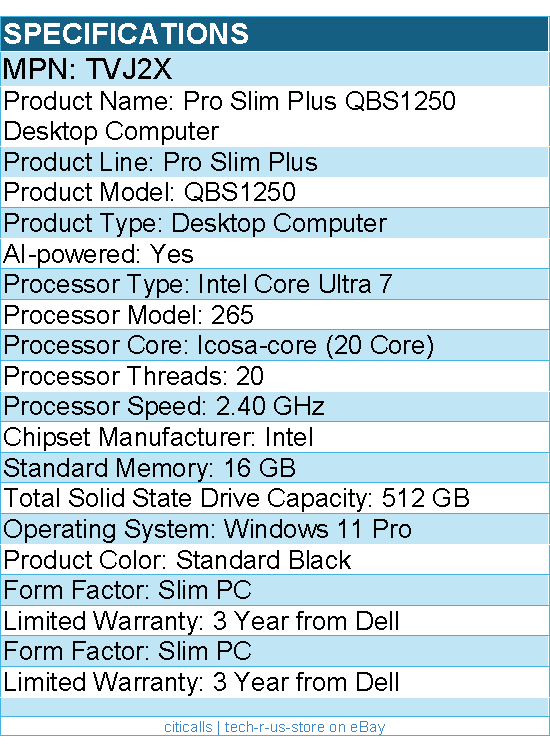 Dell TVJ2X Pro Slim Plus QBS1250 Desktop Computer - Intel Core Ultra 7 - Slim PC