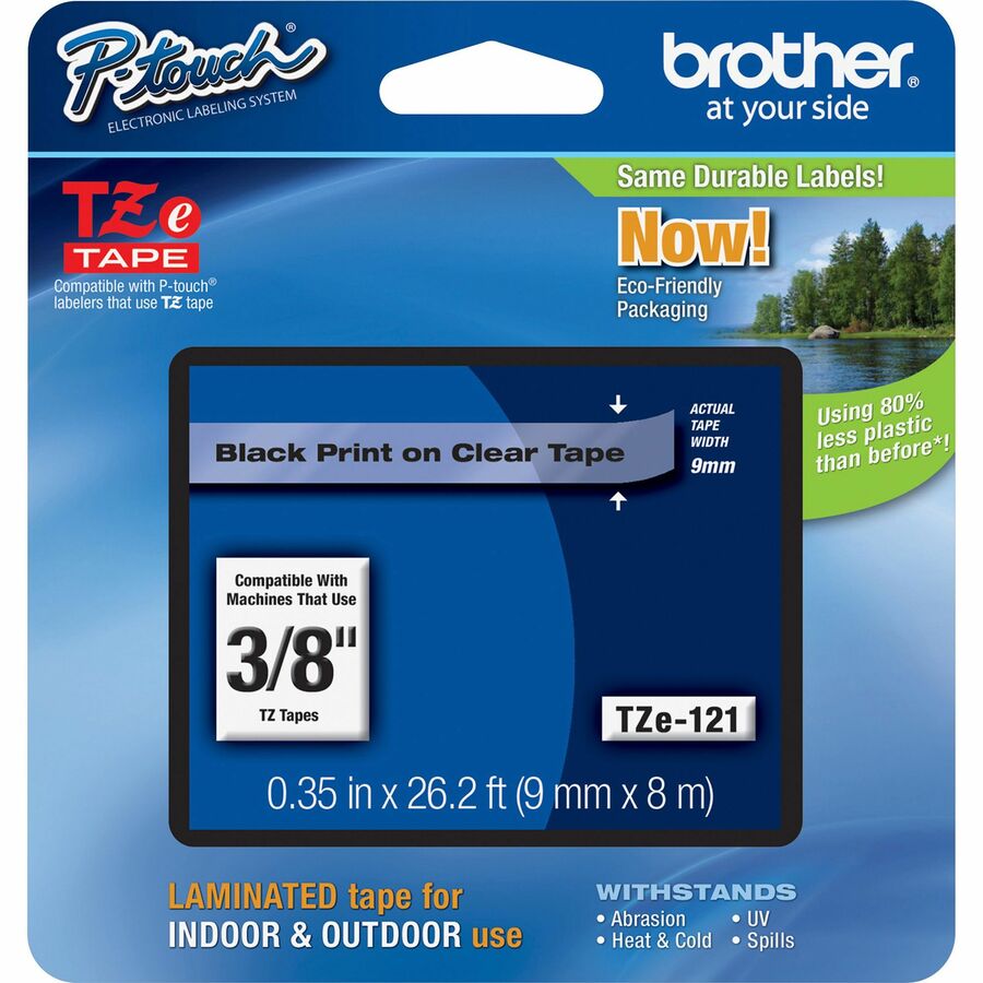 Brother TZE121 P-touch TZe Laminated Tape Cartridge - 3/8" Width - Rectangle