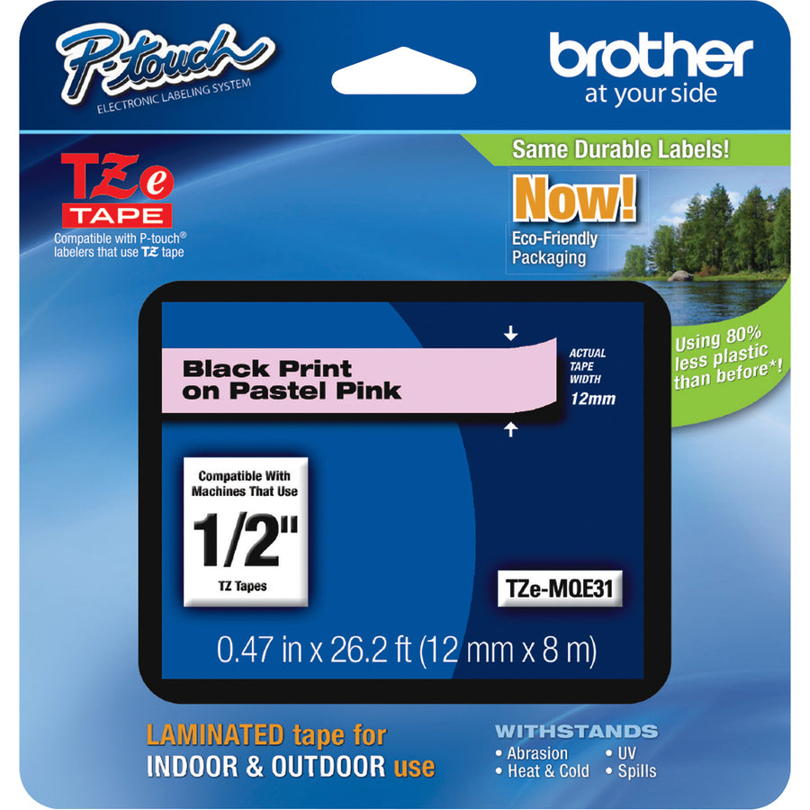 Brother TZEMQE31 P-touch TZe Laminated Tape - 15/32" Width - Pastel Pink