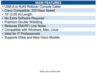 Eaton U009-010-RJ45-X Cisco Console Rollover Cable, USB-A to RJ45, 10'