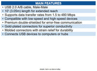 Eaton U022-010 USB 2.0 A to B Cable, Male-Male, 10' (3.05m)