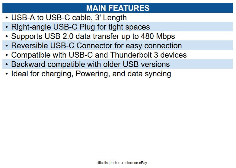 Eaton U038-003-CRA USB-A to USB-C Cable, Right-Angle USB-C, USB 2.0, (M/M), 3'