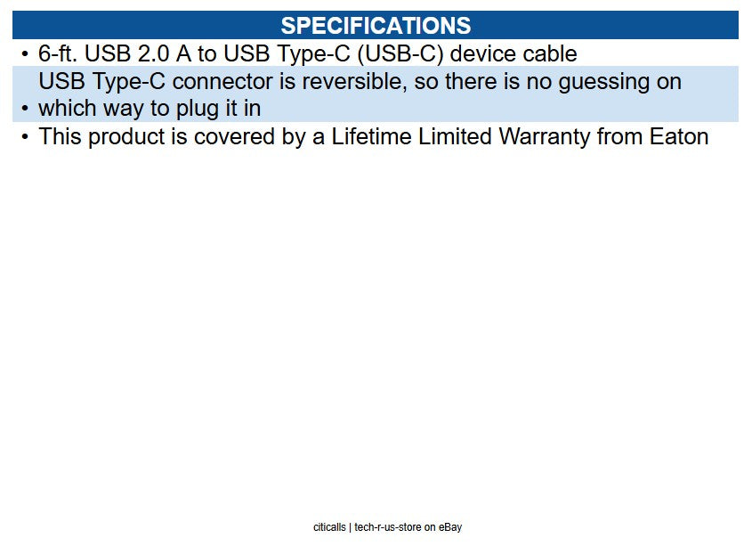 Eaton U038-006 USB-A to USB-C Cable, USB 2.0, (M/M), 6 ft. (1.83 m)