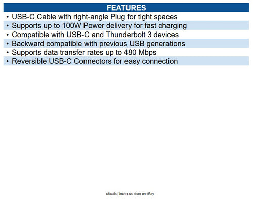 Eaton U040-02M-C-5ARA USB-C Cable (M/M) USB 2.0, 5A (100W) Rated, Right-Angle