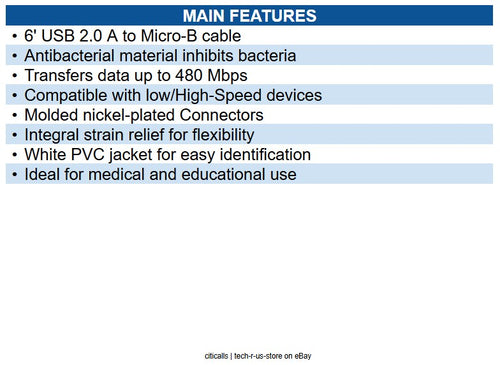 Eaton U050AB-006-WH Safe-IT USB 2.0 A to Micro-B Antibacterial Cable (M/M), 6'