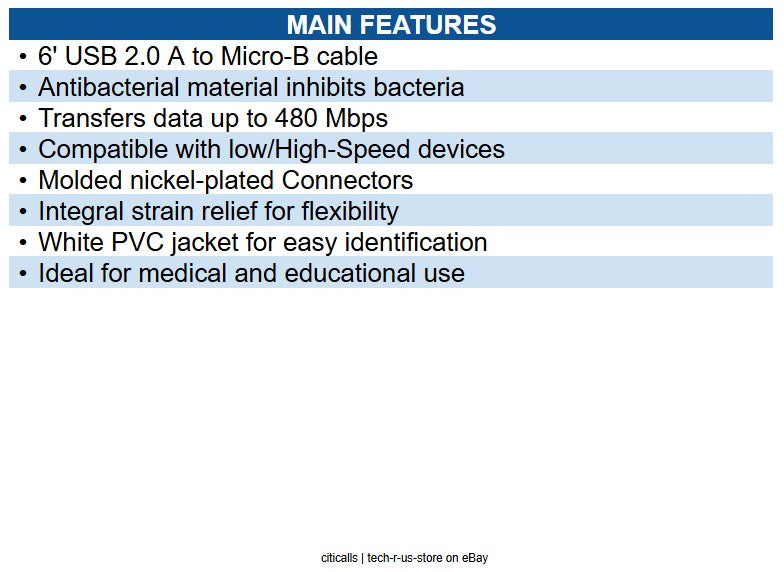 Eaton U050AB-006-WH Safe-IT USB 2.0 A to Micro-B Antibacterial Cable (M/M), 6'
