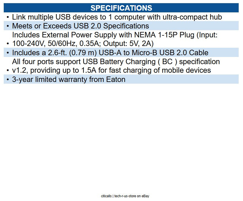Eaton U222-004-R 4-Port USB 2.0 Ultra-Mini Compact Hub with Power Adapter