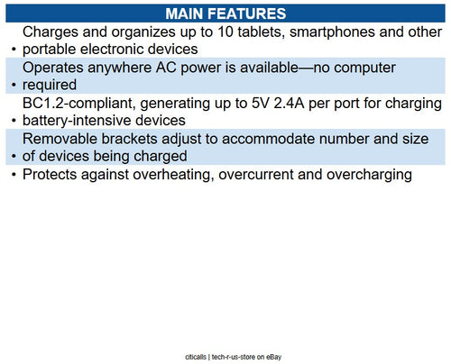 Eaton U280-010-ST 10-Port USB Charging Station with Adjustable Storage, 12V 8A