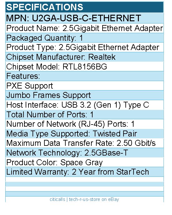 StarTech U2GA-USB-C-ETHERNET 2.5GbE USB-C to Ethernet Adapter w/ USB-A Converter