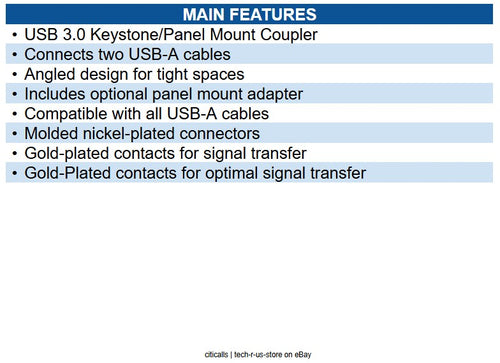 Eaton U325-000-KPA-BK USB 3.0 All-in-One Keystone / Panel Mount Angled Coupler
