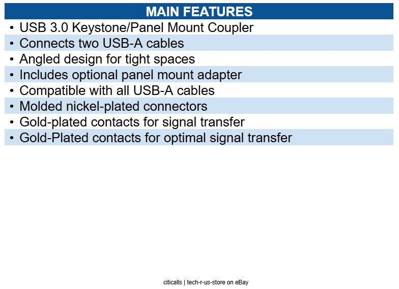 Eaton U325-000-KPA-BK USB 3.0 All-in-One Keystone / Panel Mount Angled Coupler